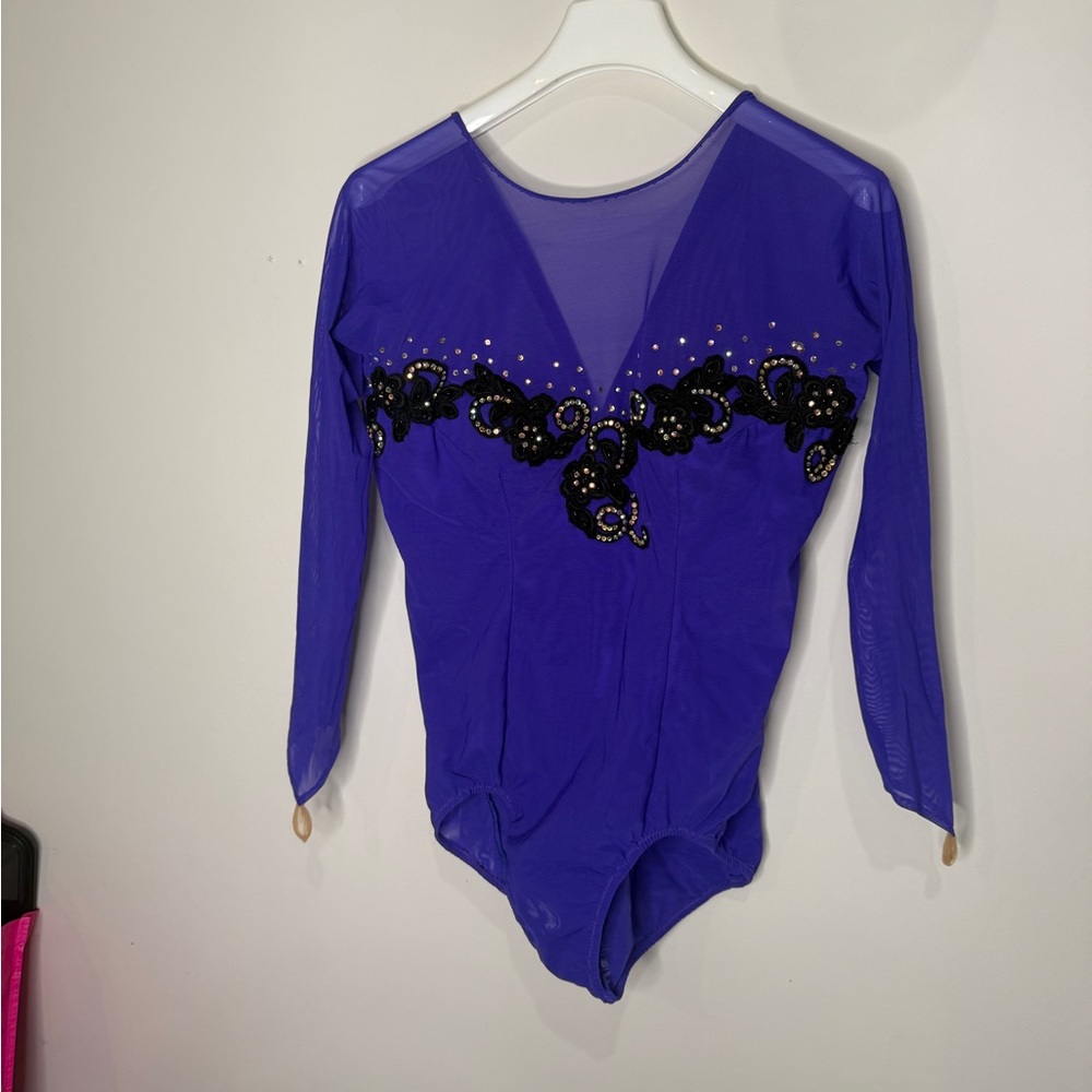 Purple Long Sleeve Leotard with Black Floral Rhinestone Design